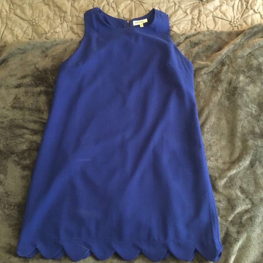 Sleeveless Blue Shift Dress with Scalloped Hemline